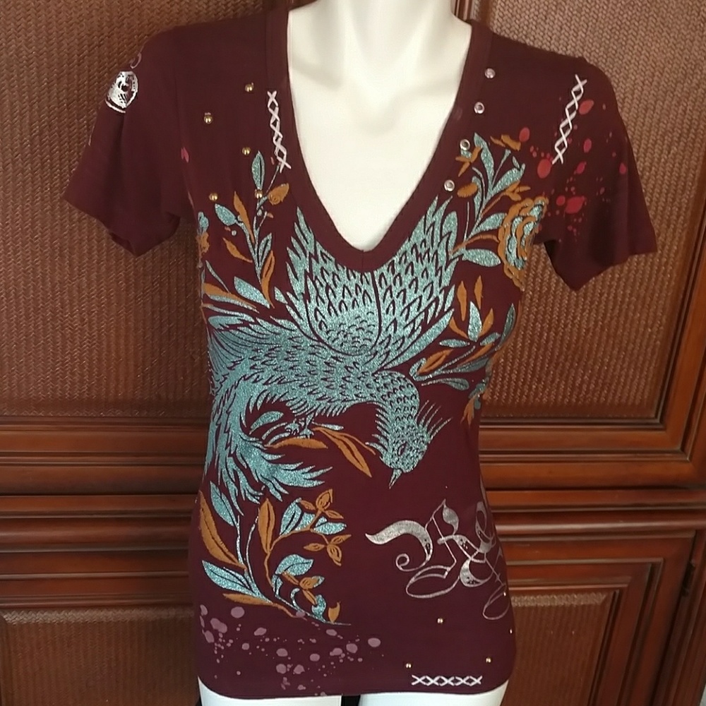 REBEL SPIRIT VNECK EMBELLISHED STUDDED TEE